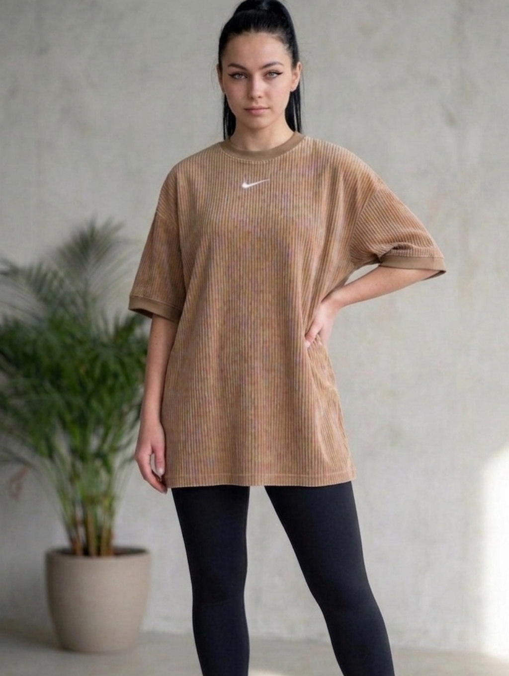 Nike Sportswear Tan Velour Corduroy-Style Oversized T-Shirt Large Nwot